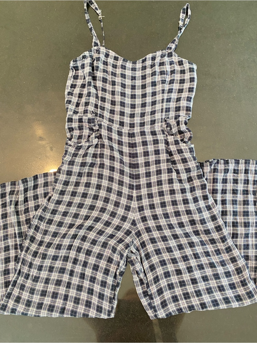 Hollister Navy White Plaid Romper Flare Wide Leg Soft Comfy Lightweight Size L